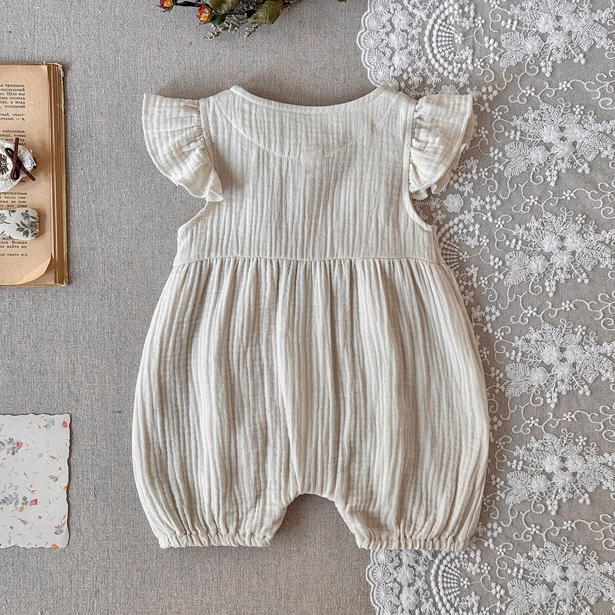 Baby Sleeveless Romper Ruffle Flutter Sleeve Floral Embroidery Outfit