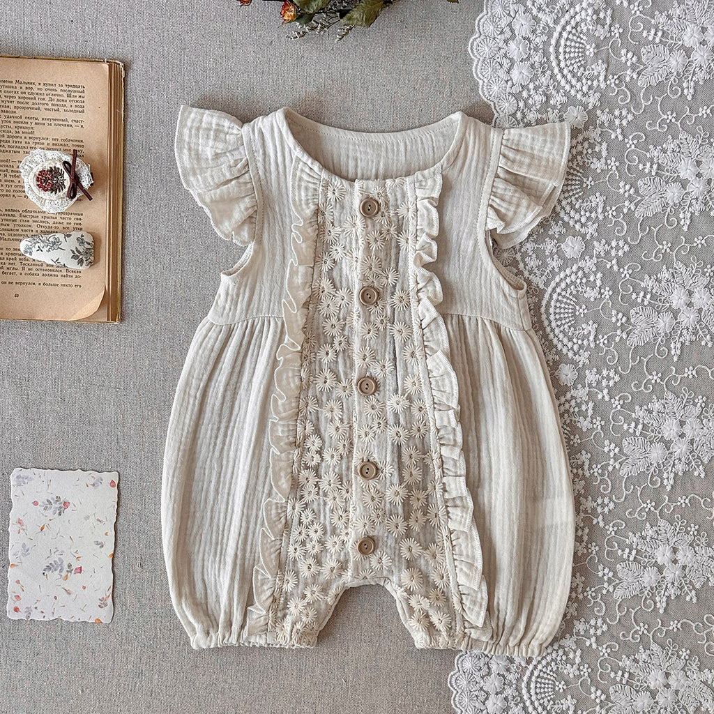 Baby Sleeveless Romper Ruffle Flutter Sleeve Floral Embroidery Outfit