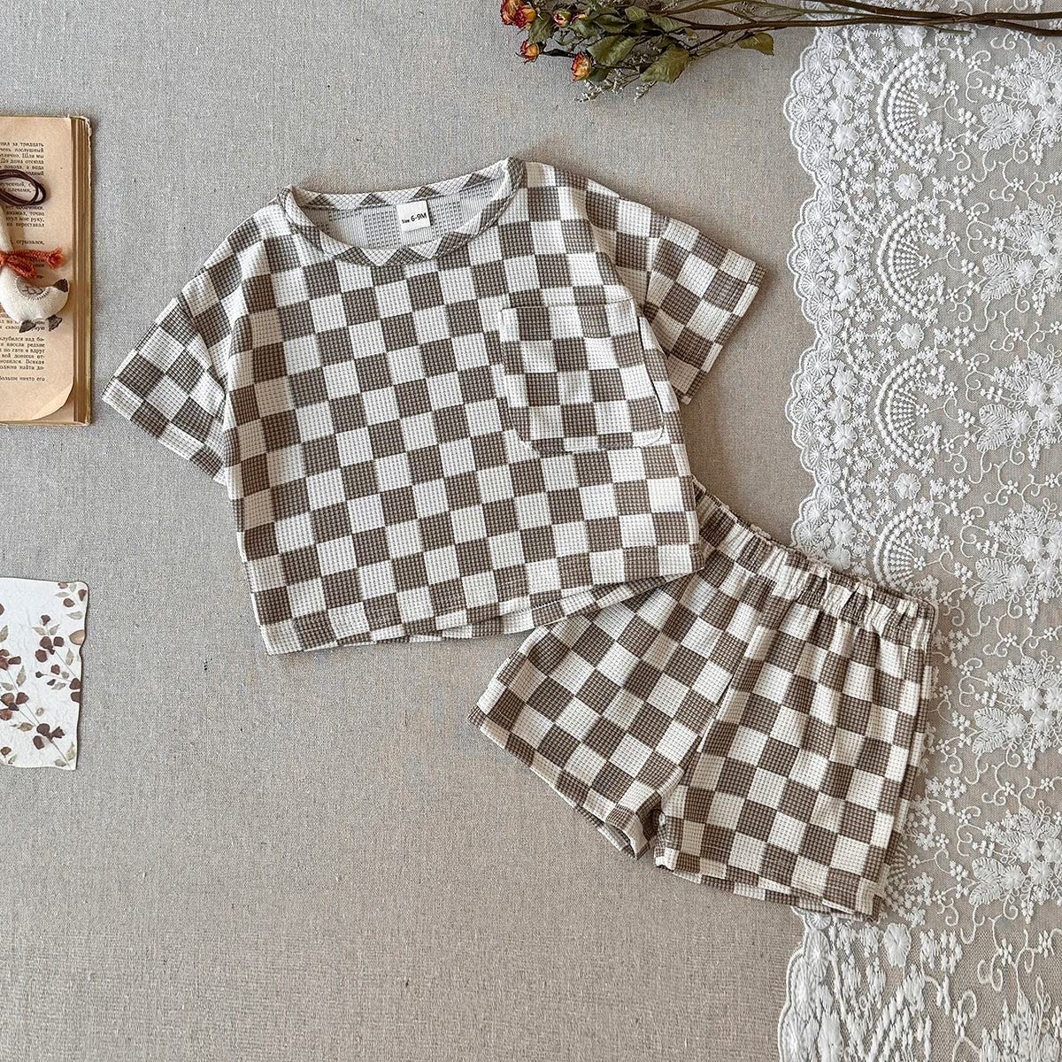 Checkered Baby Waffle 2Pcs Outfit Short Sleeve Tee & Shorts
