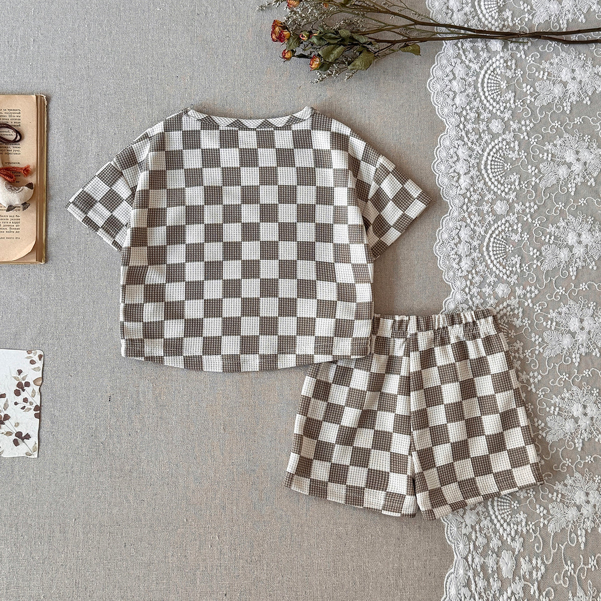 Checkered Baby Waffle 2Pcs Outfit Short Sleeve Tee & Shorts