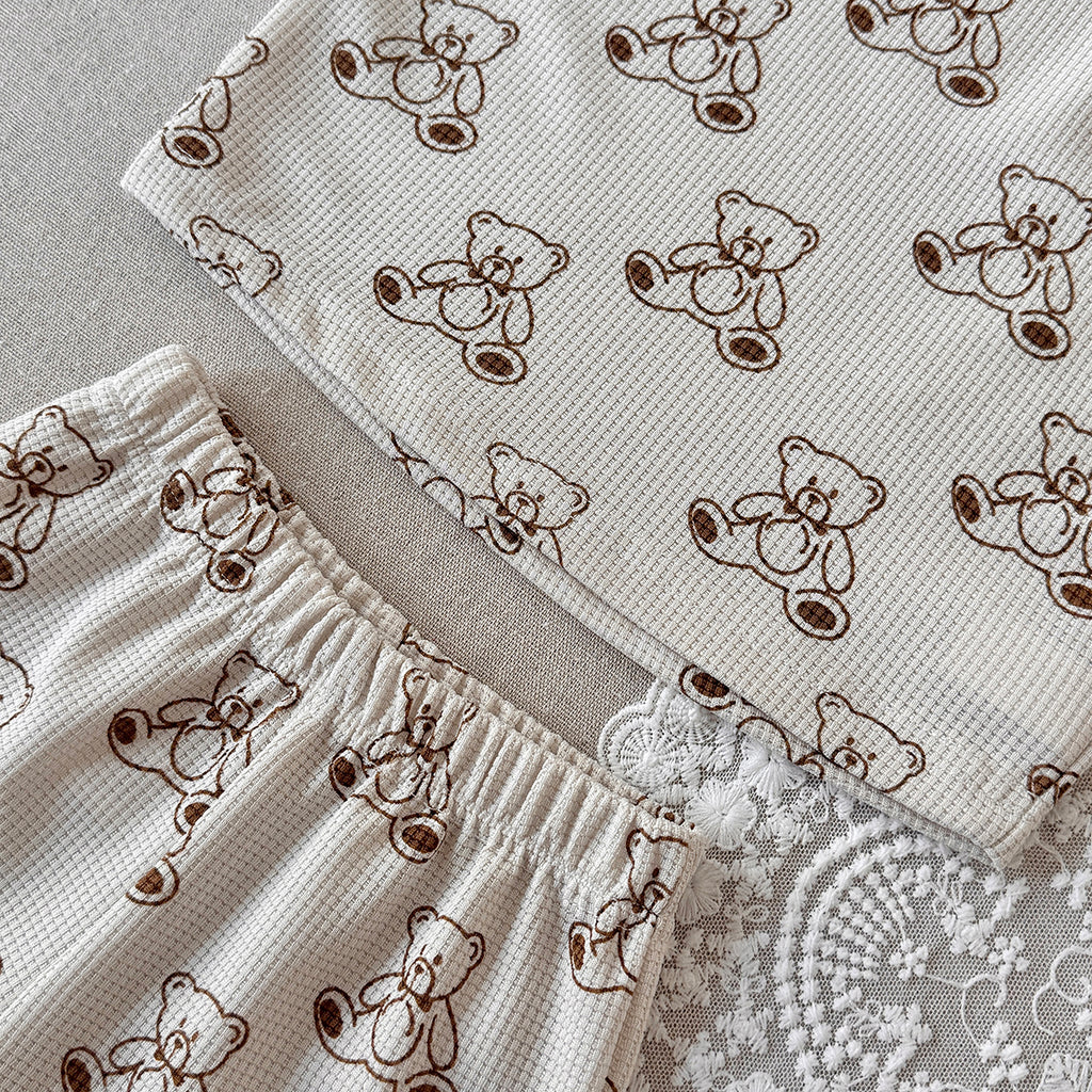 Summer Baby Waffle 2Pcs Set Cute Bear Print Short Sleeve Outfit
