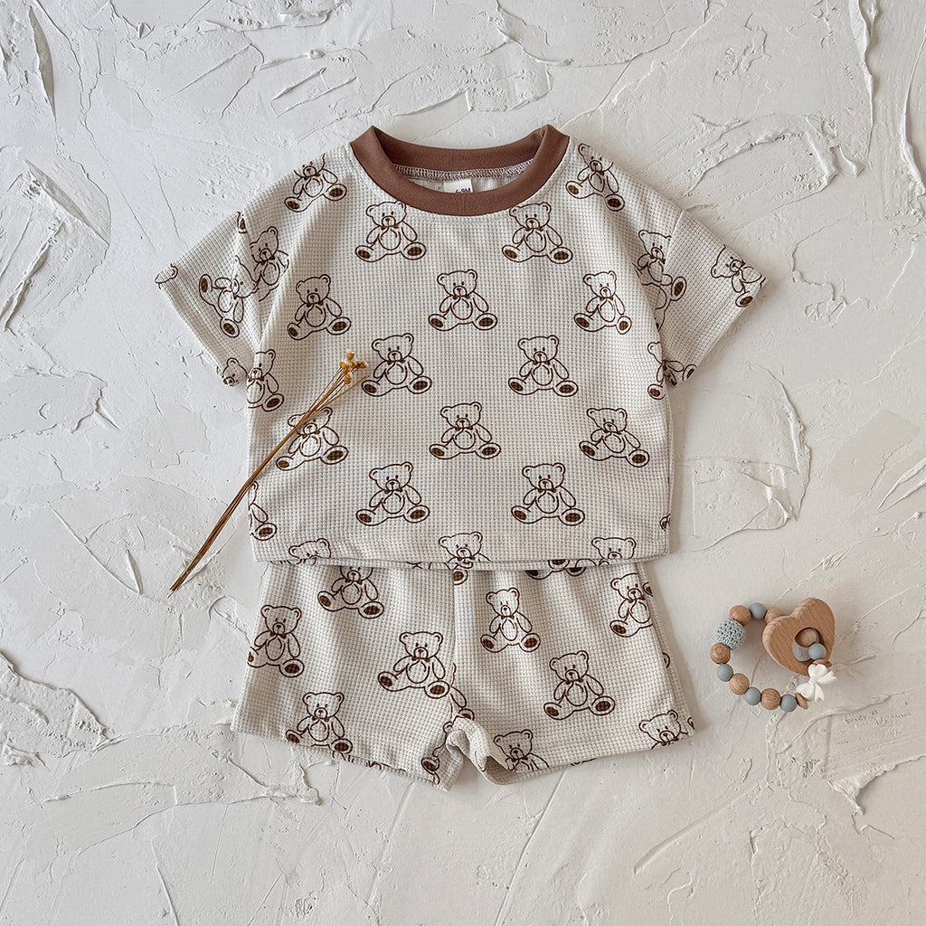Summer Baby Waffle 2Pcs Set Cute Bear Print Short Sleeve Outfit