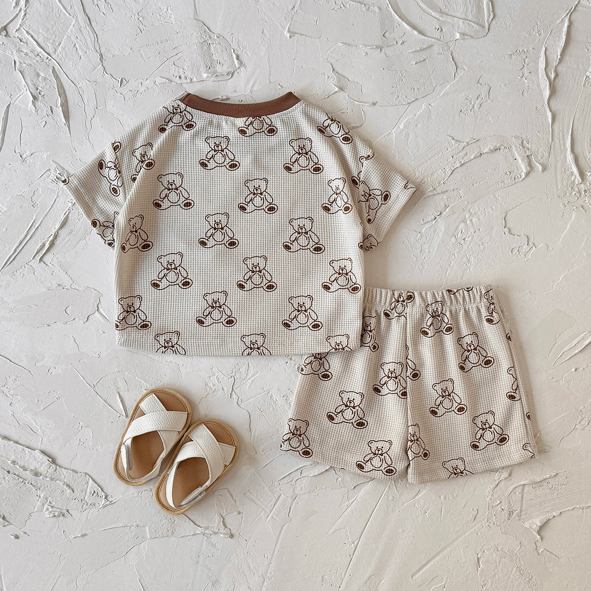 Summer Baby Waffle 2Pcs Set Cute Bear Print Short Sleeve Outfit
