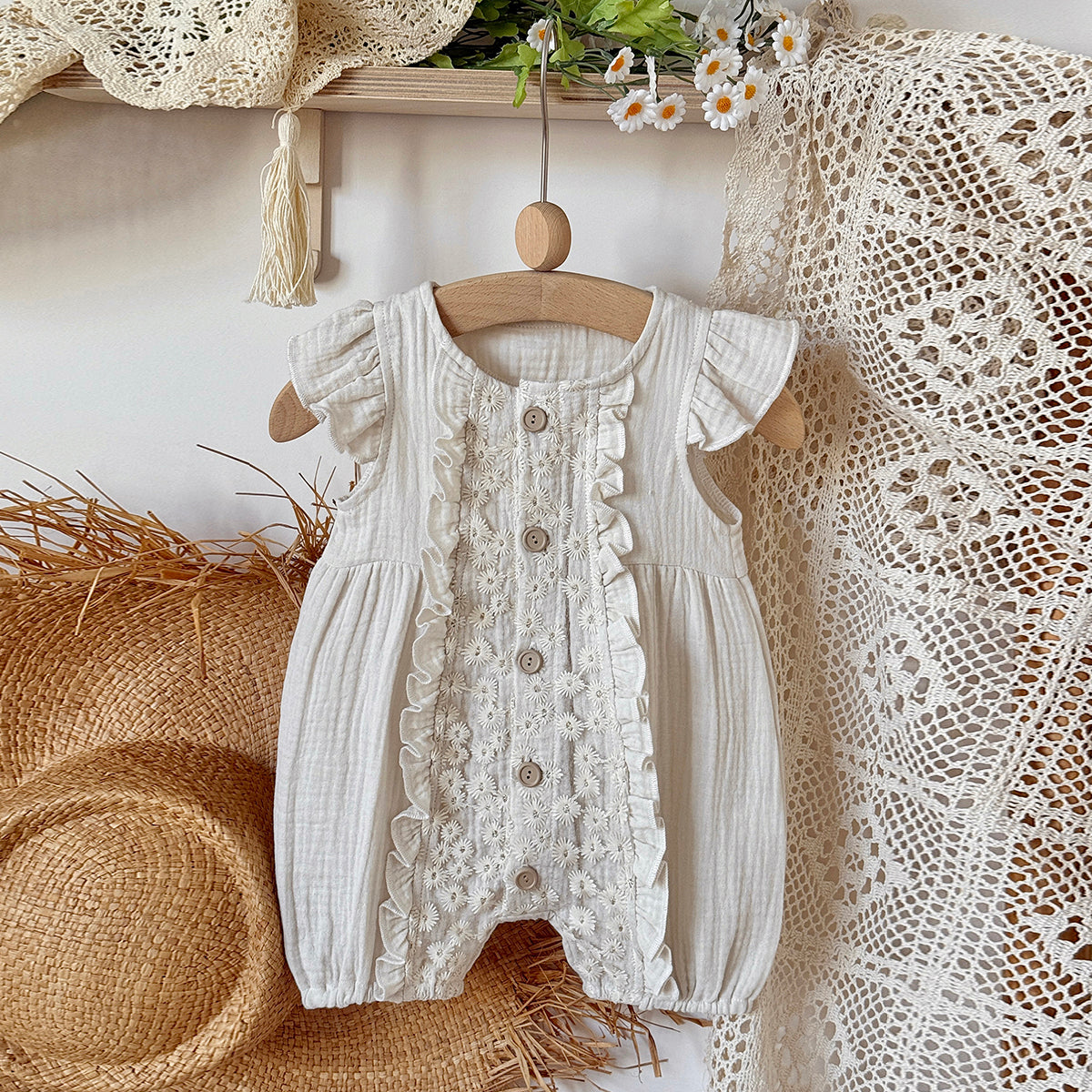Baby Sleeveless Romper Ruffle Flutter Sleeve Floral Embroidery Outfit
