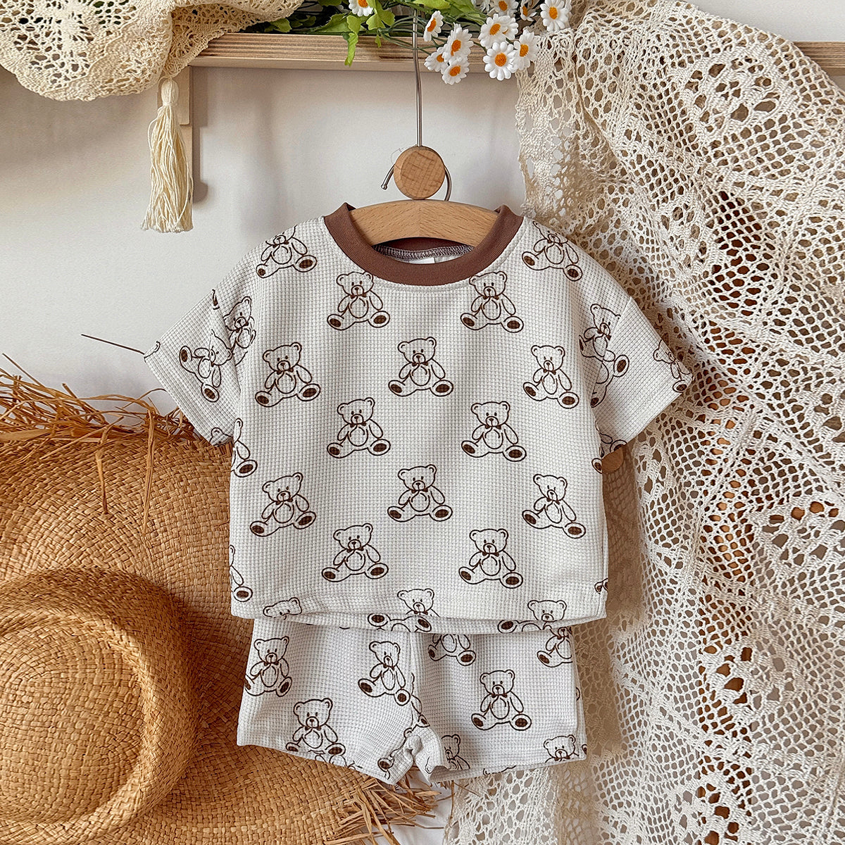 Summer Baby Waffle 2Pcs Set Cute Bear Print Short Sleeve Outfit
