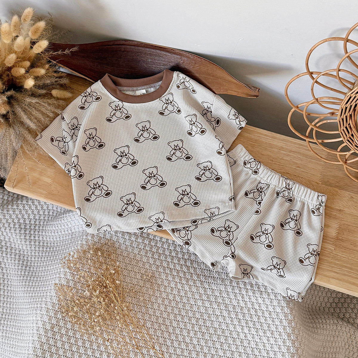 Summer Baby Waffle 2Pcs Set Cute Bear Print Short Sleeve Outfit