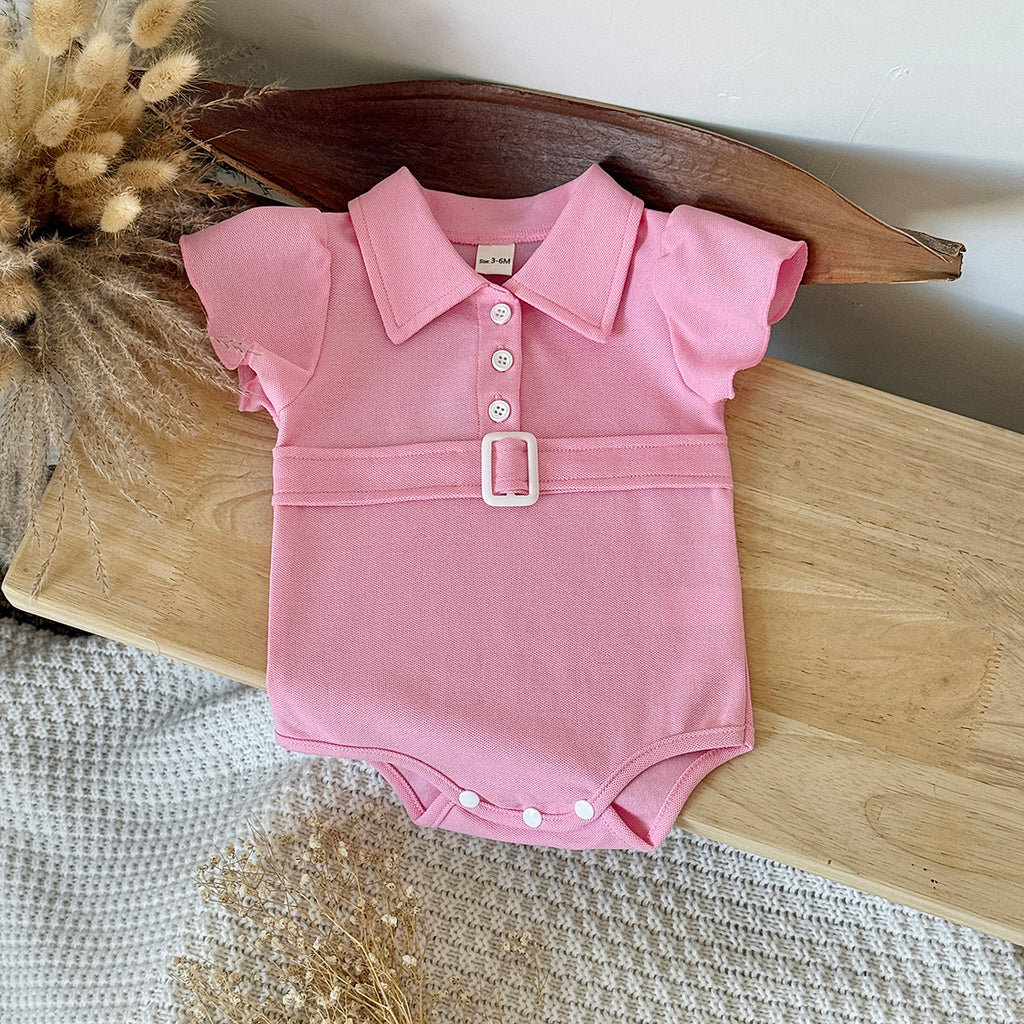 Baby Girl Pink Polo Bodysuit Flutter Sleeve Belt Romper