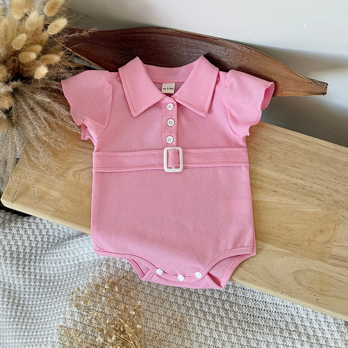 Baby Girl Pink Polo Bodysuit Flutter Sleeve Belt Romper