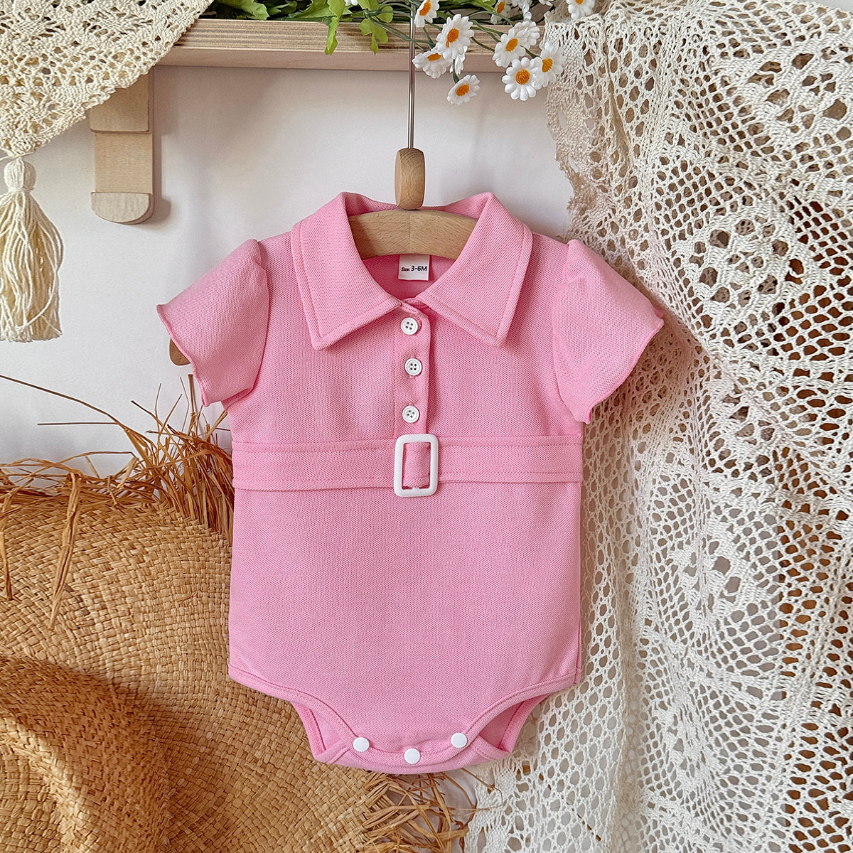 Baby Girl Pink Polo Bodysuit Flutter Sleeve Belt Romper