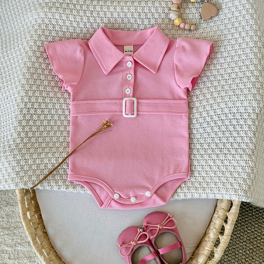 Baby Girl Pink Polo Bodysuit Flutter Sleeve Belt Romper