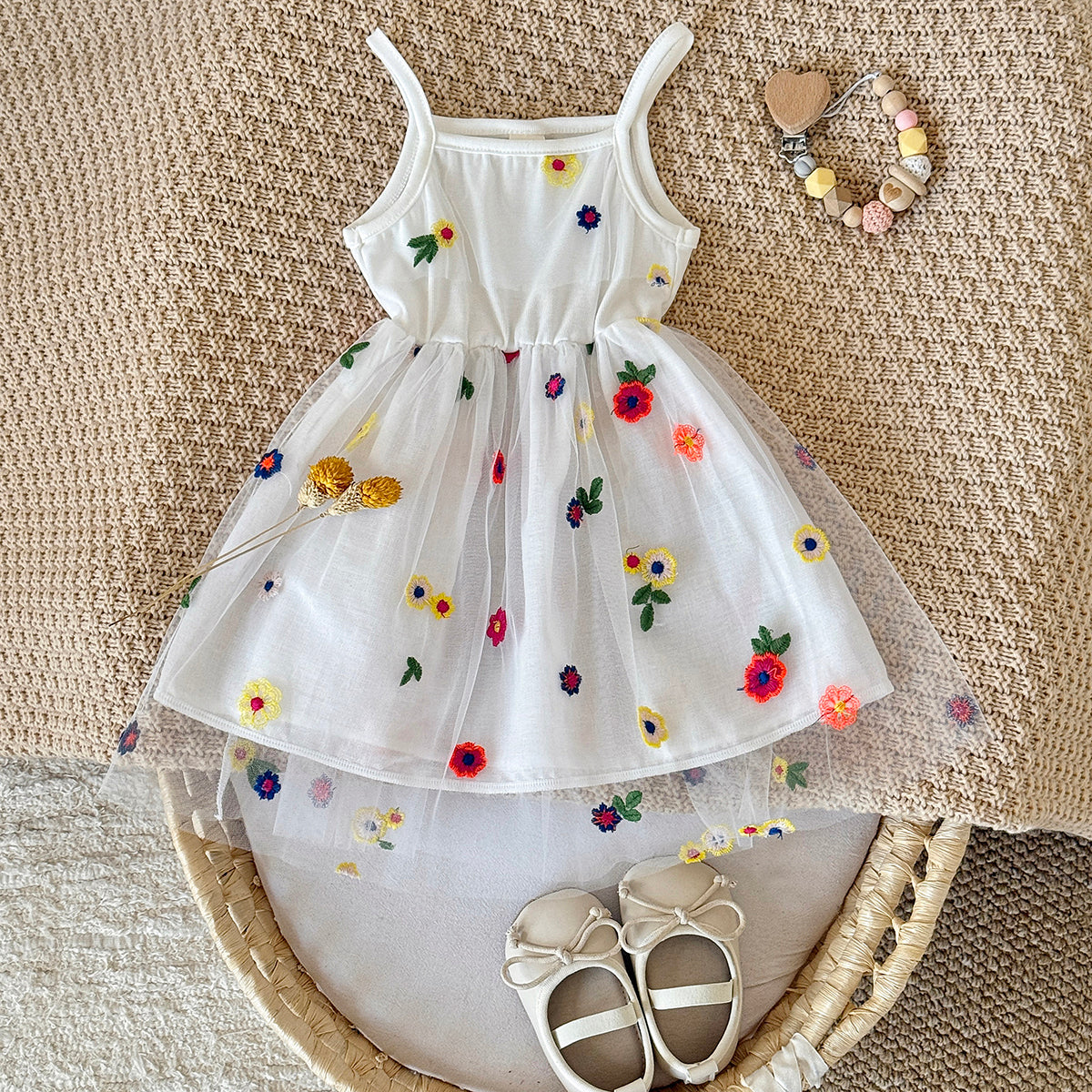 Baby Girl Floral Embroidered Tulle Sleeveless Dress