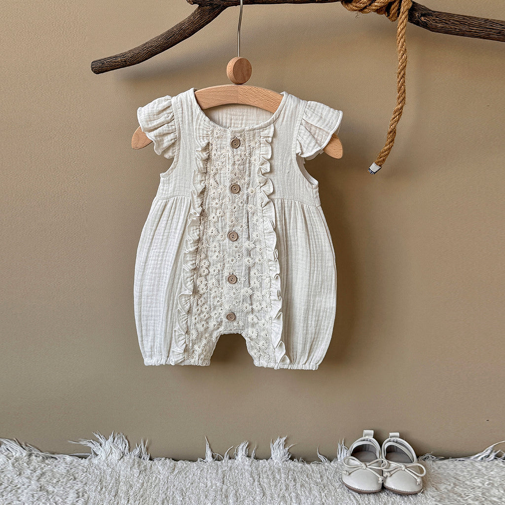 Baby Sleeveless Romper Ruffle Flutter Sleeve Floral Embroidery Outfit