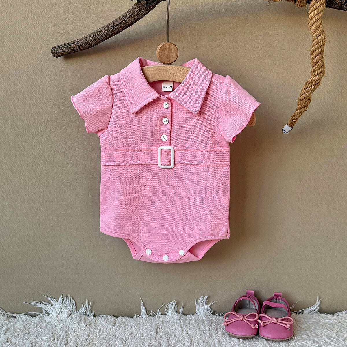 Baby Girl Pink Polo Bodysuit Flutter Sleeve Belt Romper
