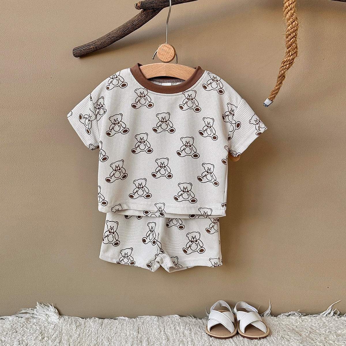 Summer Baby Waffle 2Pcs Set Cute Bear Print Short Sleeve Outfit