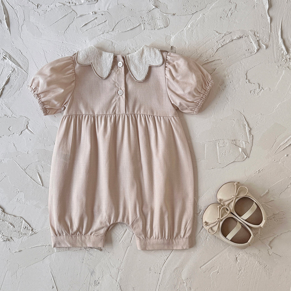 Puff Sleeve Baby Romper Floral Embroidery Peter Pan Collar Bodysuit