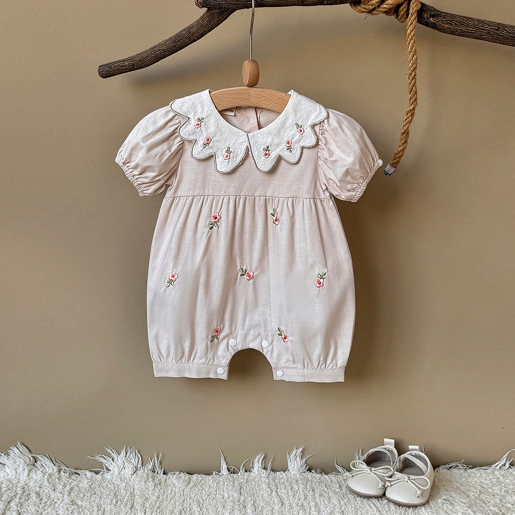 Puff Sleeve Baby Romper Floral Embroidery Peter Pan Collar Bodysuit