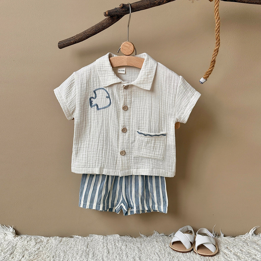 Baby Muslin 2Pcs Set Embroidered Bird Shirt & Striped Shorts