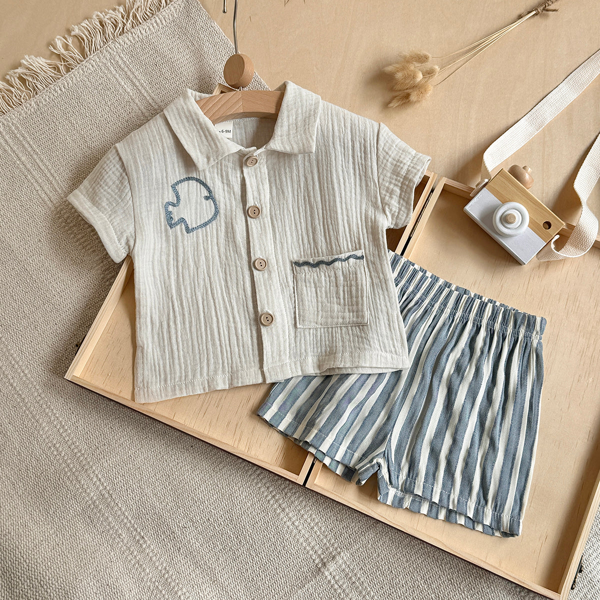 Baby Muslin 2Pcs Set Embroidered Bird Shirt & Striped Shorts