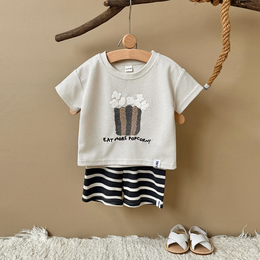 Baby Waffle Popcorn Graphic Tee Striped Shorts Outfit  >