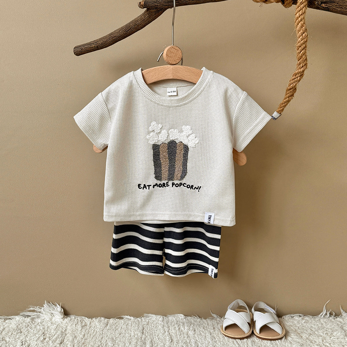 Baby Waffle Popcorn Graphic Tee Striped Shorts Outfit  >