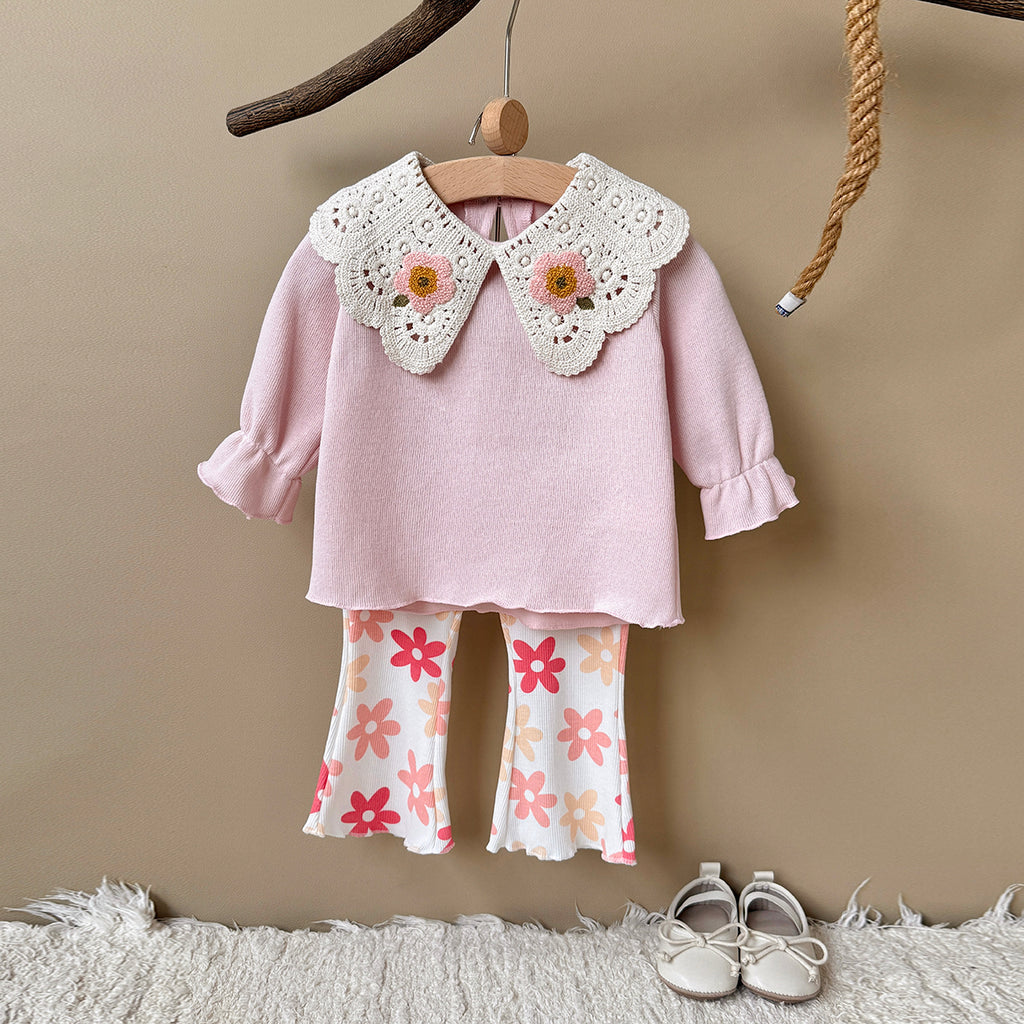 Baby girl Peter Pan collar floral print long sleeved pants set