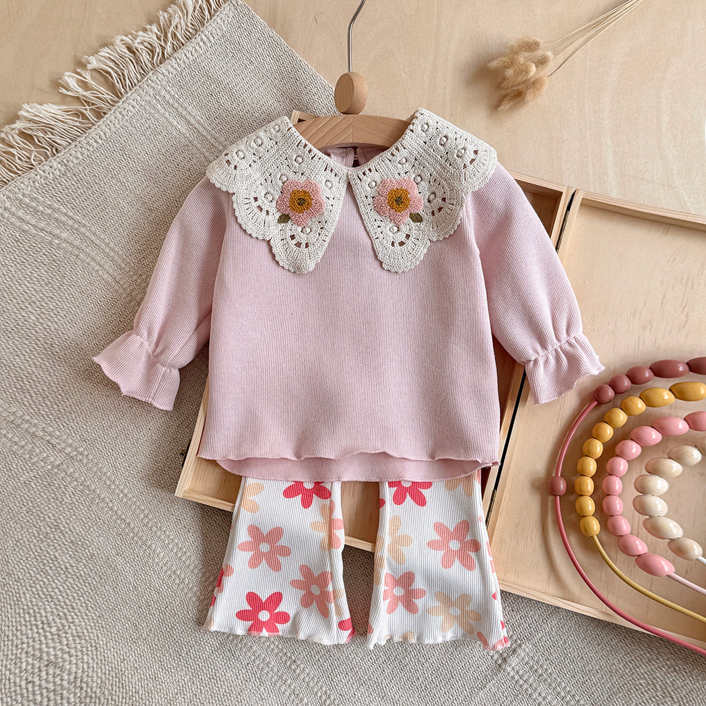 Baby girl Peter Pan collar floral print long sleeved pants set