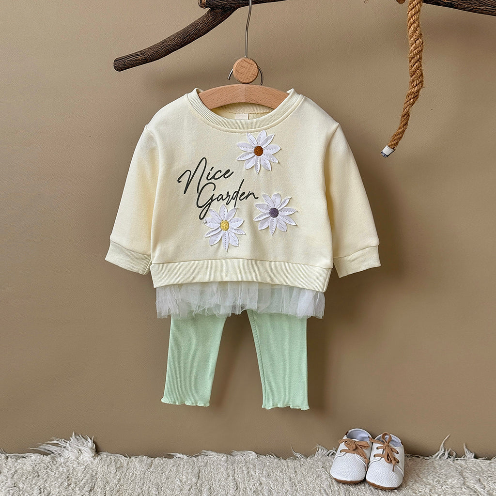 Baby yellow flower patch long sleeve pants set