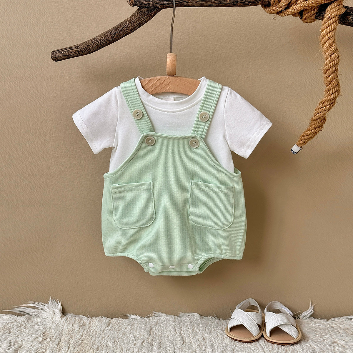 Baby 2Pcs Outfit Ribbed Overalls Romper & White Short Sleeve Tee
