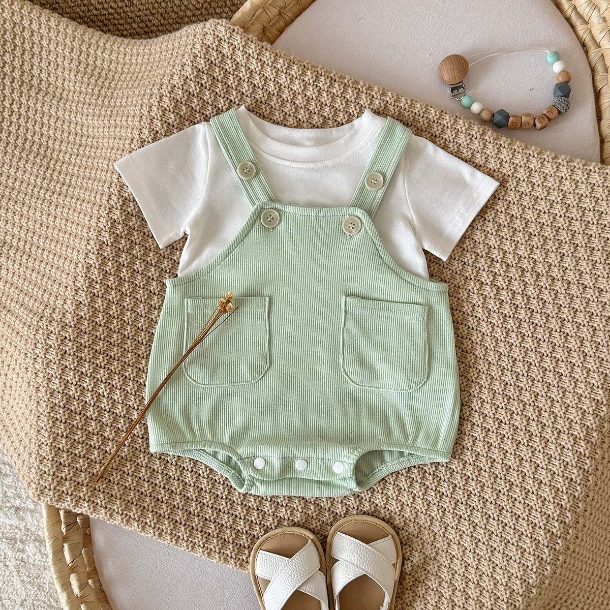 Baby 2Pcs Outfit Ribbed Overalls Romper & White Short Sleeve Tee