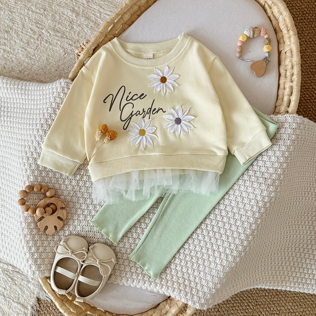 Baby yellow flower patch long sleeve pants set