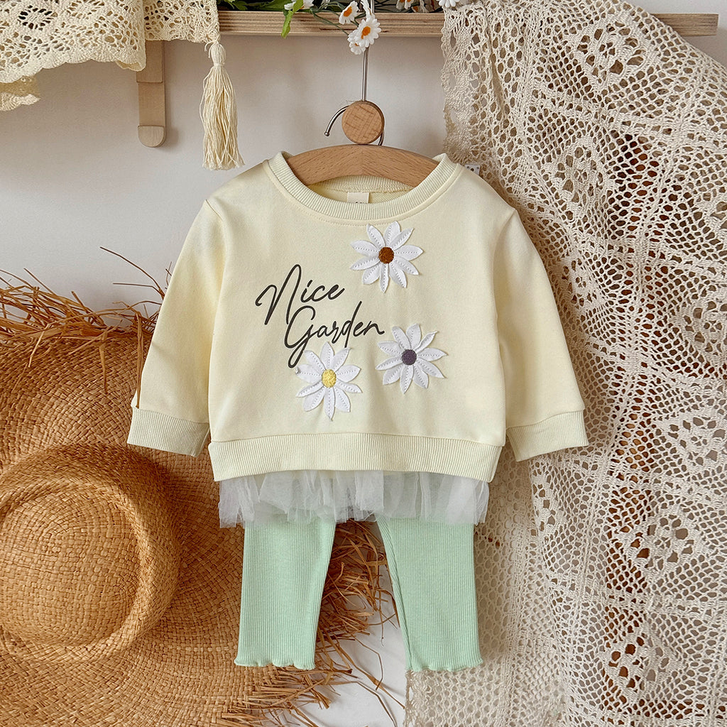Baby yellow flower patch long sleeve pants set