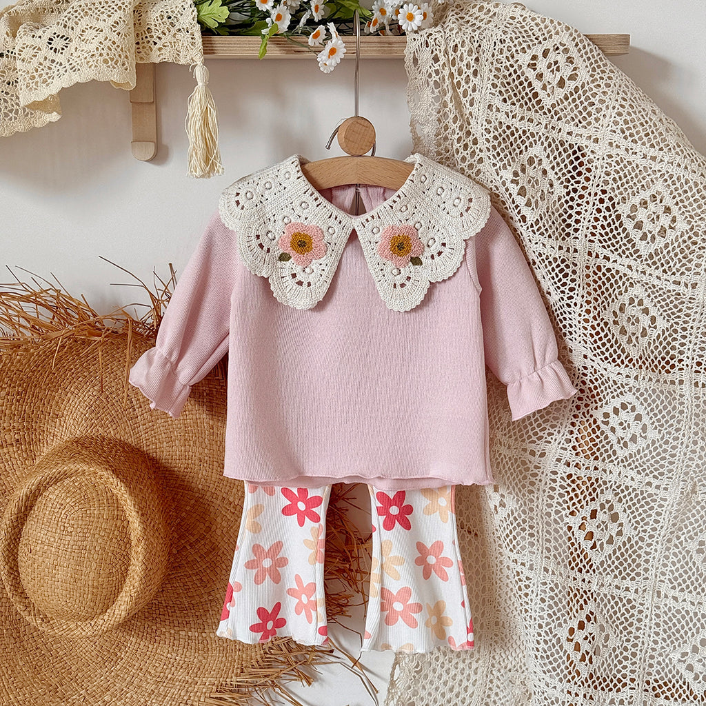 Baby girl Peter Pan collar floral print long sleeved pants set