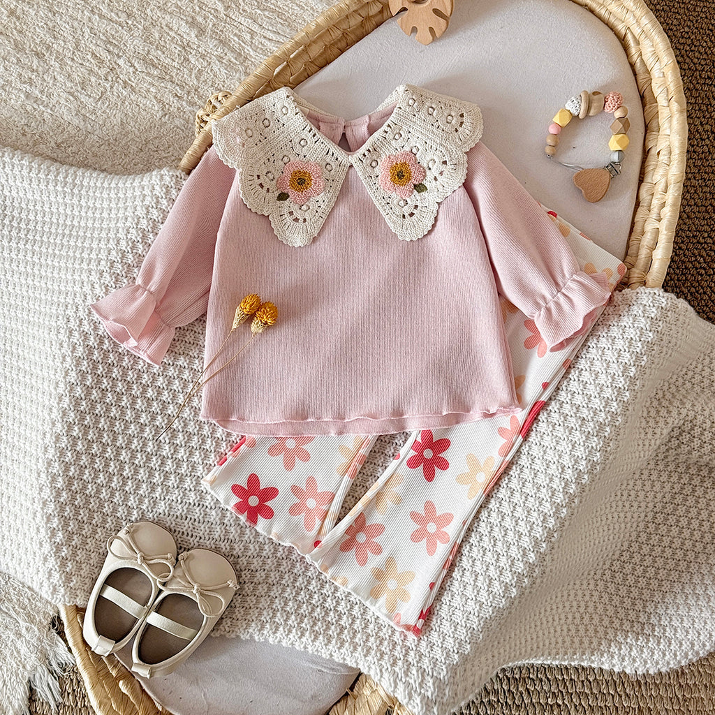 Baby girl Peter Pan collar floral print long sleeved pants set