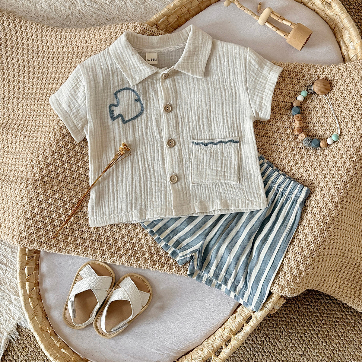 Baby Muslin 2Pcs Set Embroidered Bird Shirt & Striped Shorts