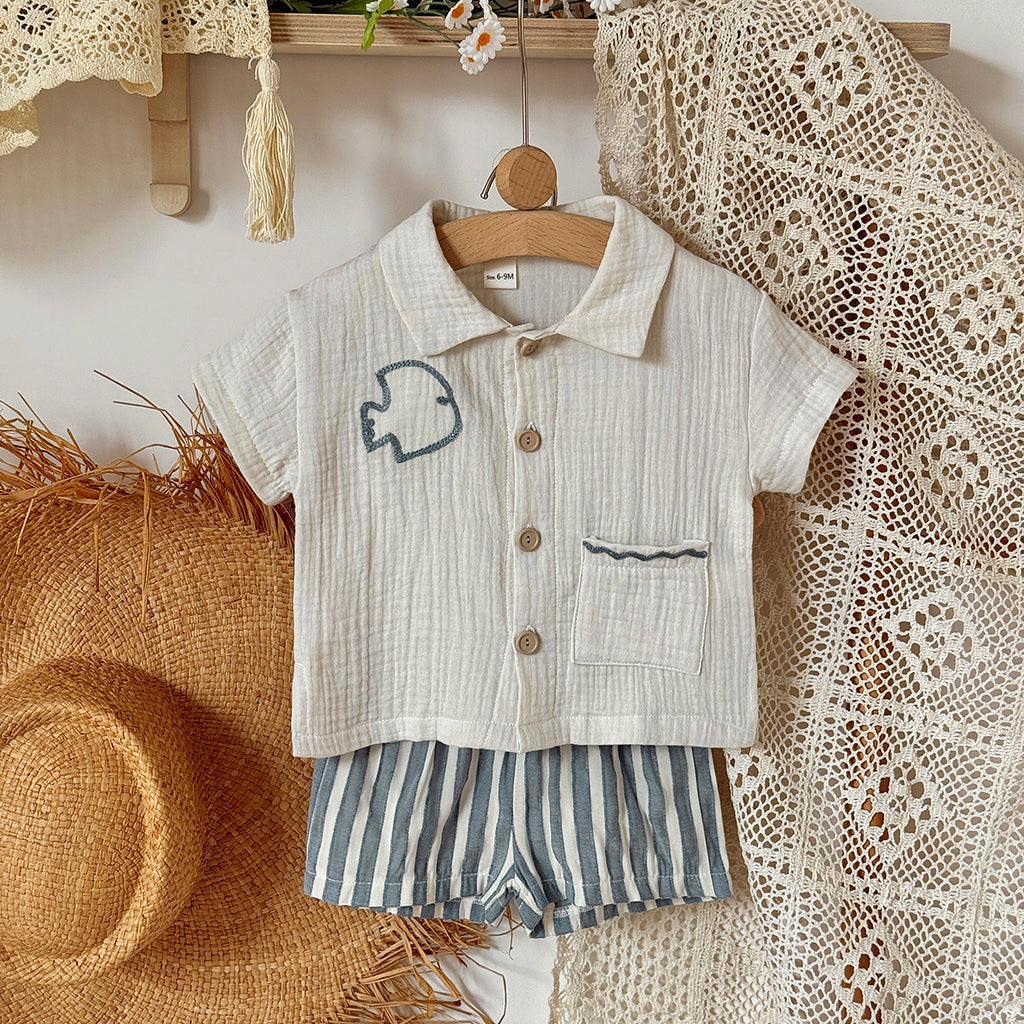 Baby Muslin 2Pcs Set Embroidered Bird Shirt & Striped Shorts