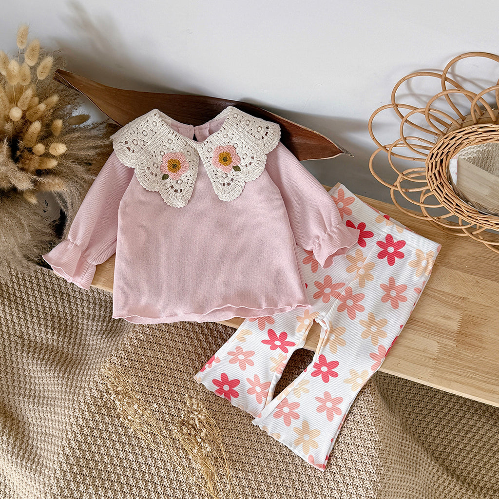 Baby girl Peter Pan collar floral print long sleeved pants set