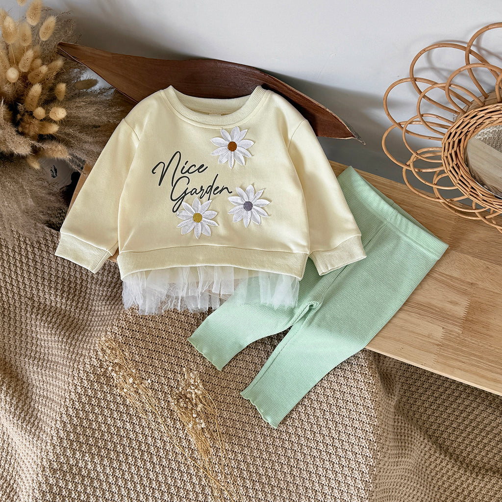 Baby yellow flower patch long sleeve pants set