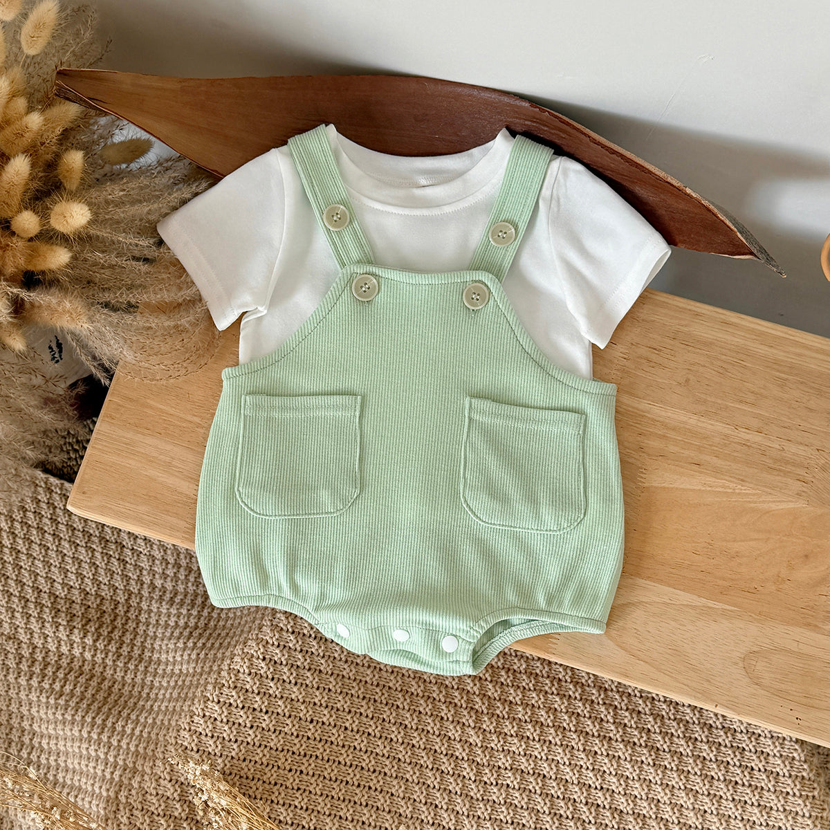 Baby 2Pcs Outfit Ribbed Overalls Romper & White Short Sleeve Tee