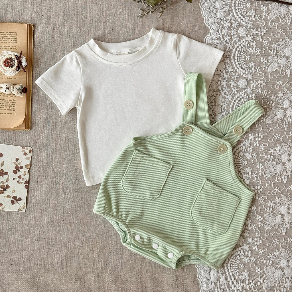 Baby 2Pcs Outfit Ribbed Overalls Romper & White Short Sleeve Tee