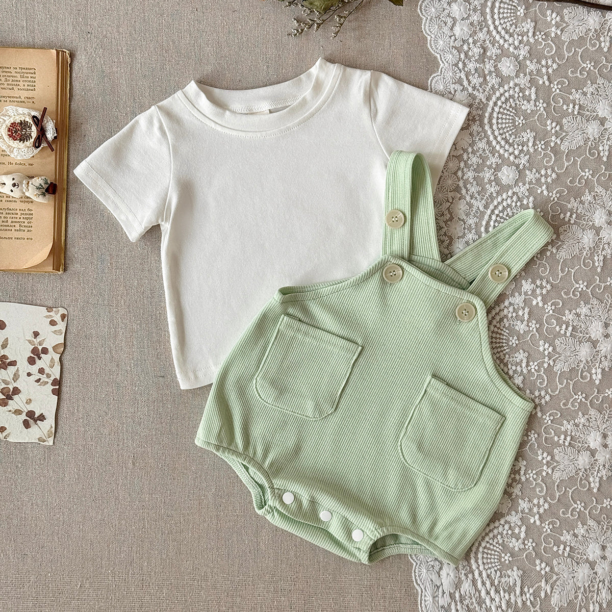 Baby 2Pcs Outfit Ribbed Overalls Romper & White Short Sleeve Tee