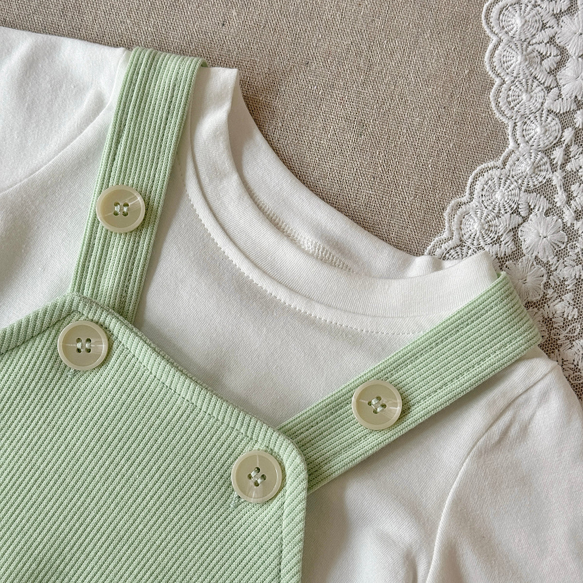 Baby 2Pcs Outfit Ribbed Overalls Romper & White Short Sleeve Tee