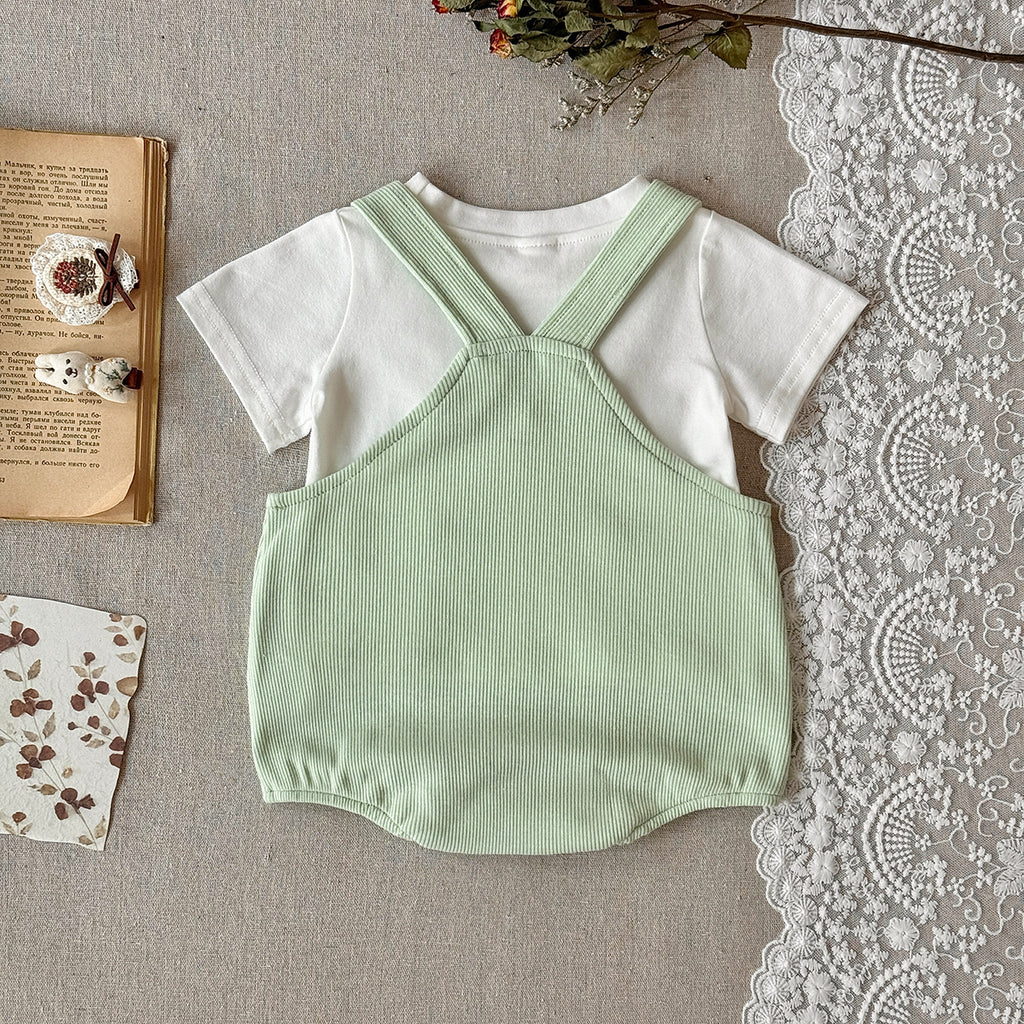 Baby 2Pcs Outfit Ribbed Overalls Romper & White Short Sleeve Tee