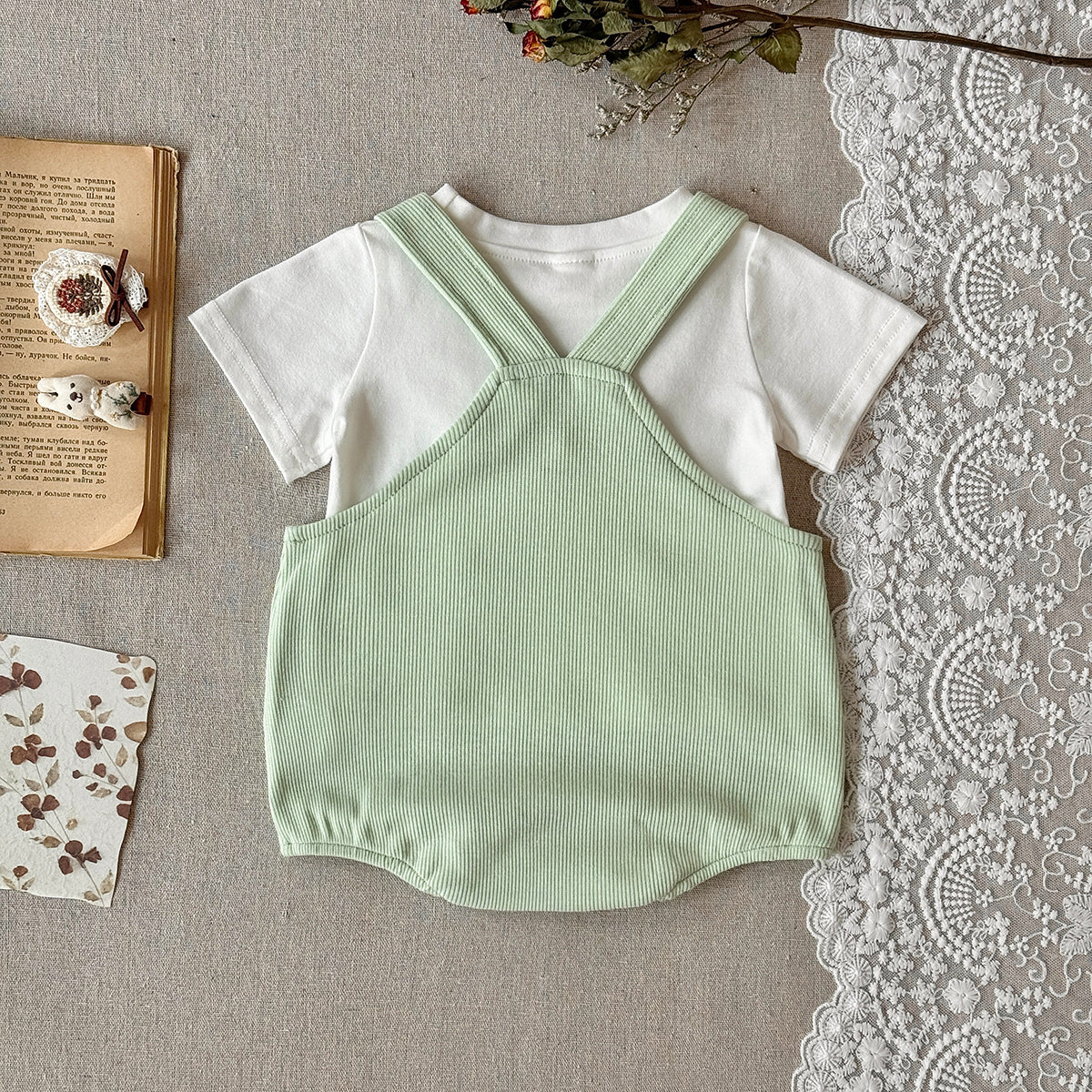 Baby 2Pcs Outfit Ribbed Overalls Romper & White Short Sleeve Tee