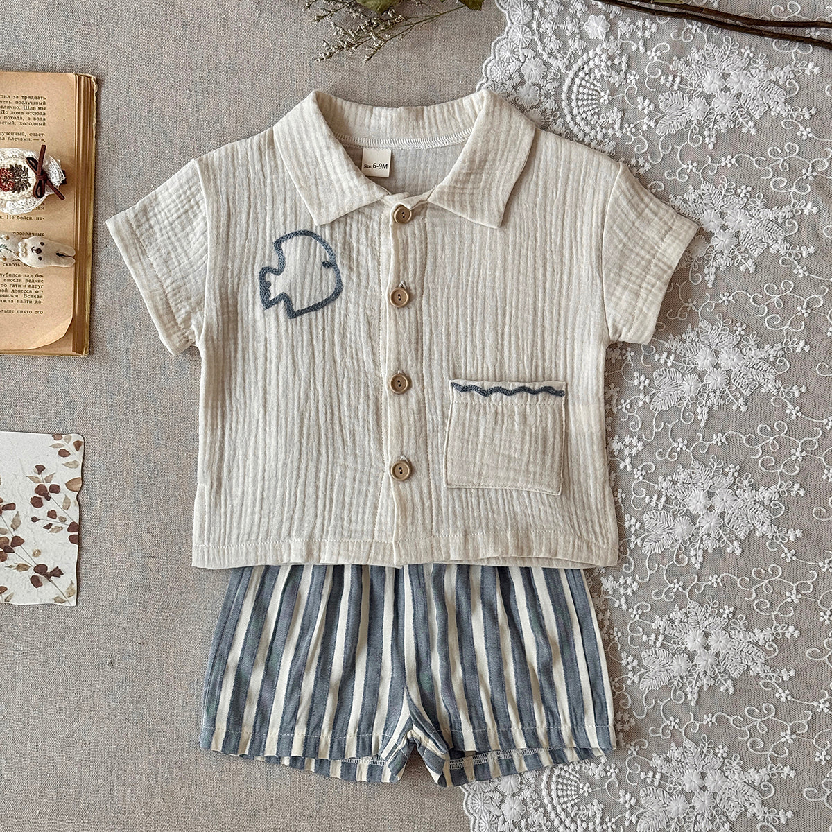 Baby Muslin 2Pcs Set Embroidered Bird Shirt & Striped Shorts
