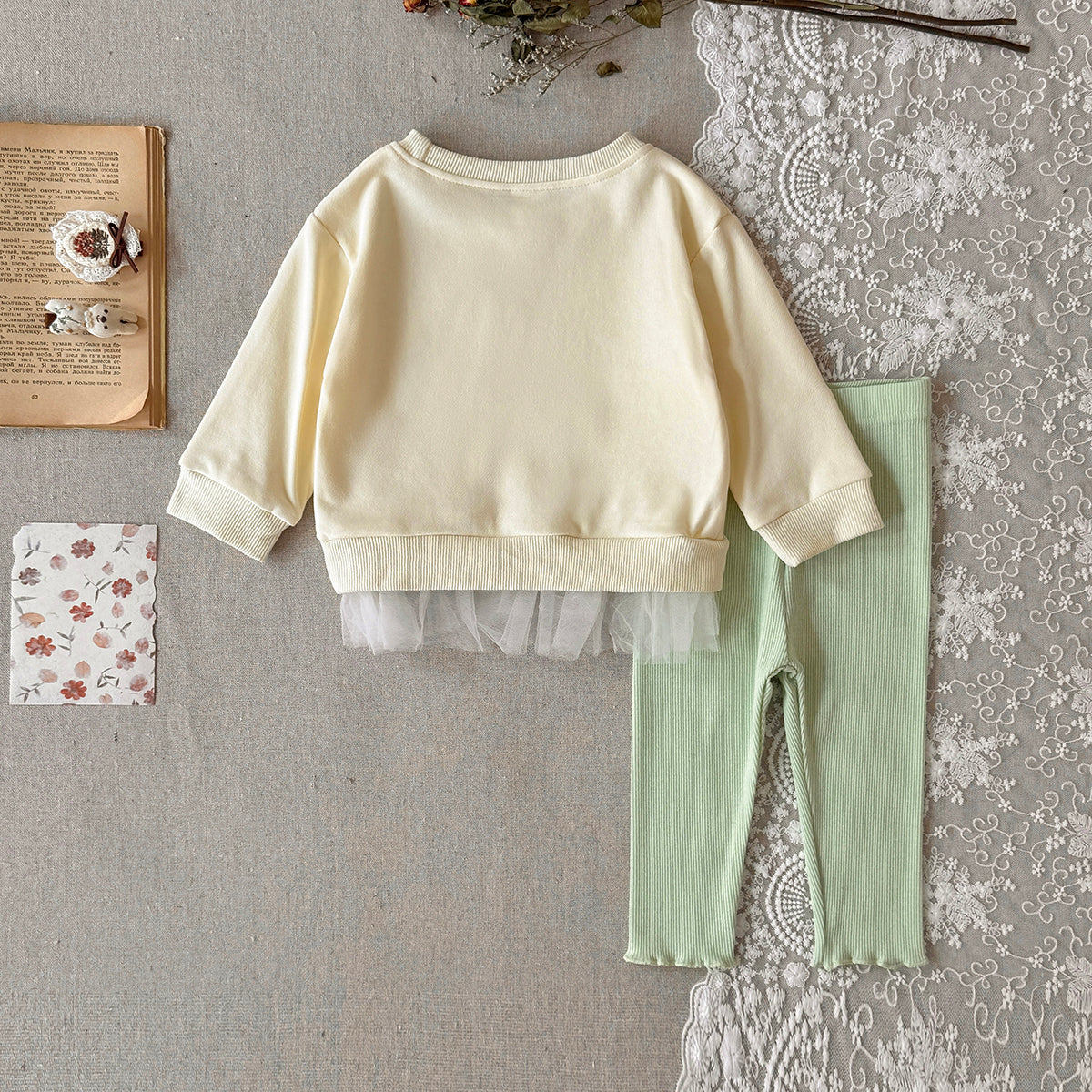 Baby yellow flower patch long sleeve pants set