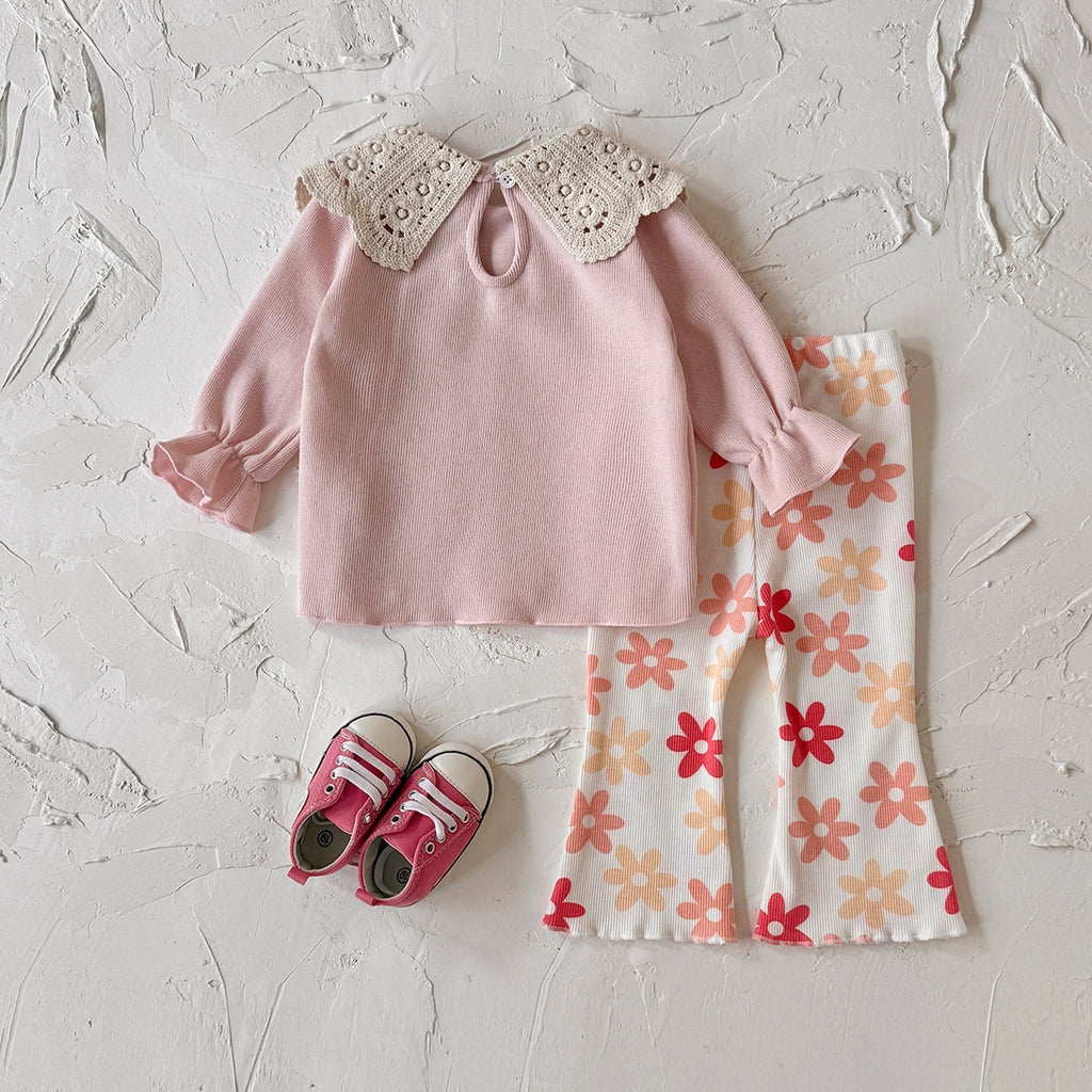 Baby girl Peter Pan collar floral print long sleeved pants set