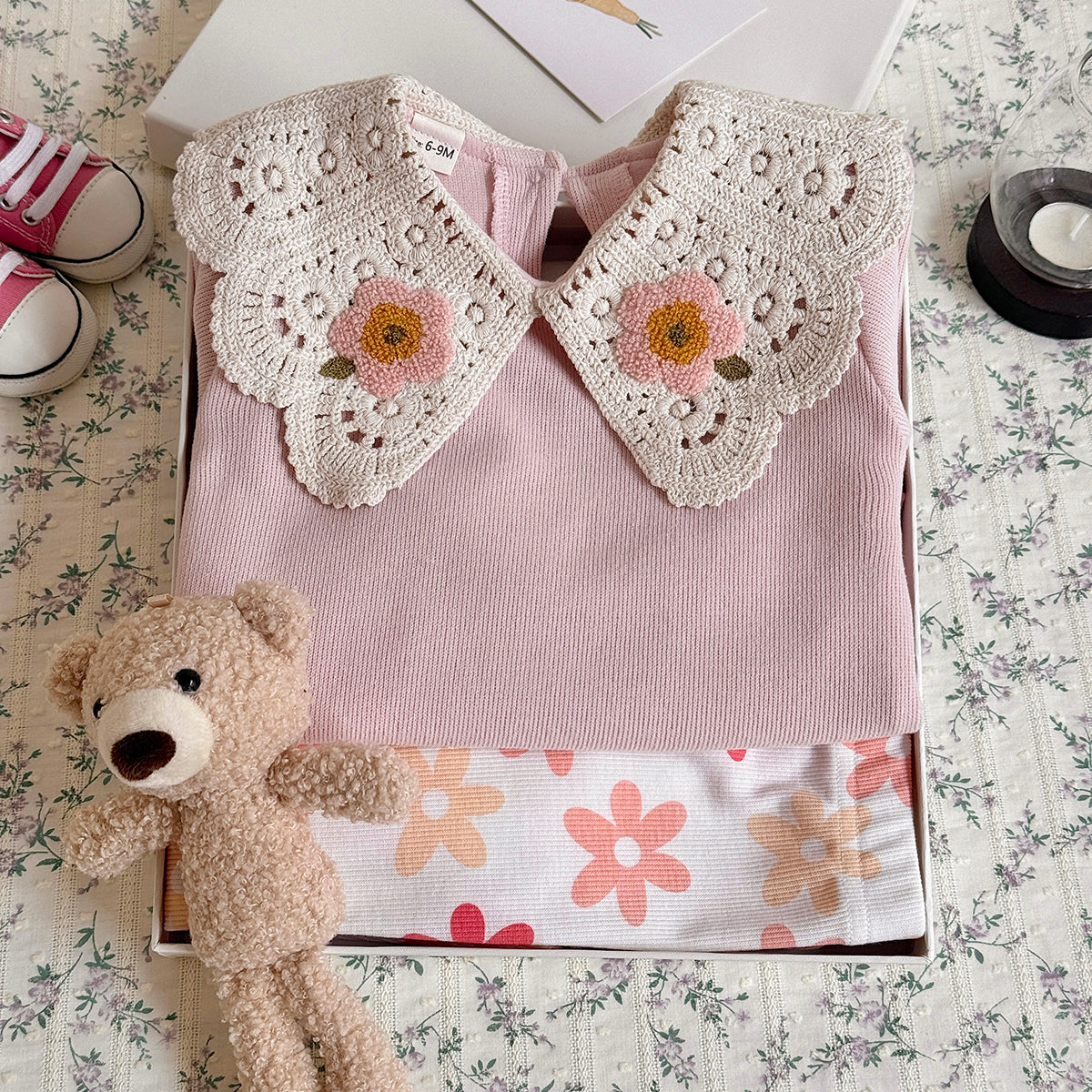 Baby girl Peter Pan collar floral print long sleeved pants set