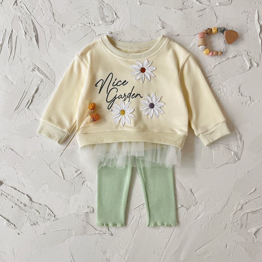 Baby yellow flower patch long sleeve pants set