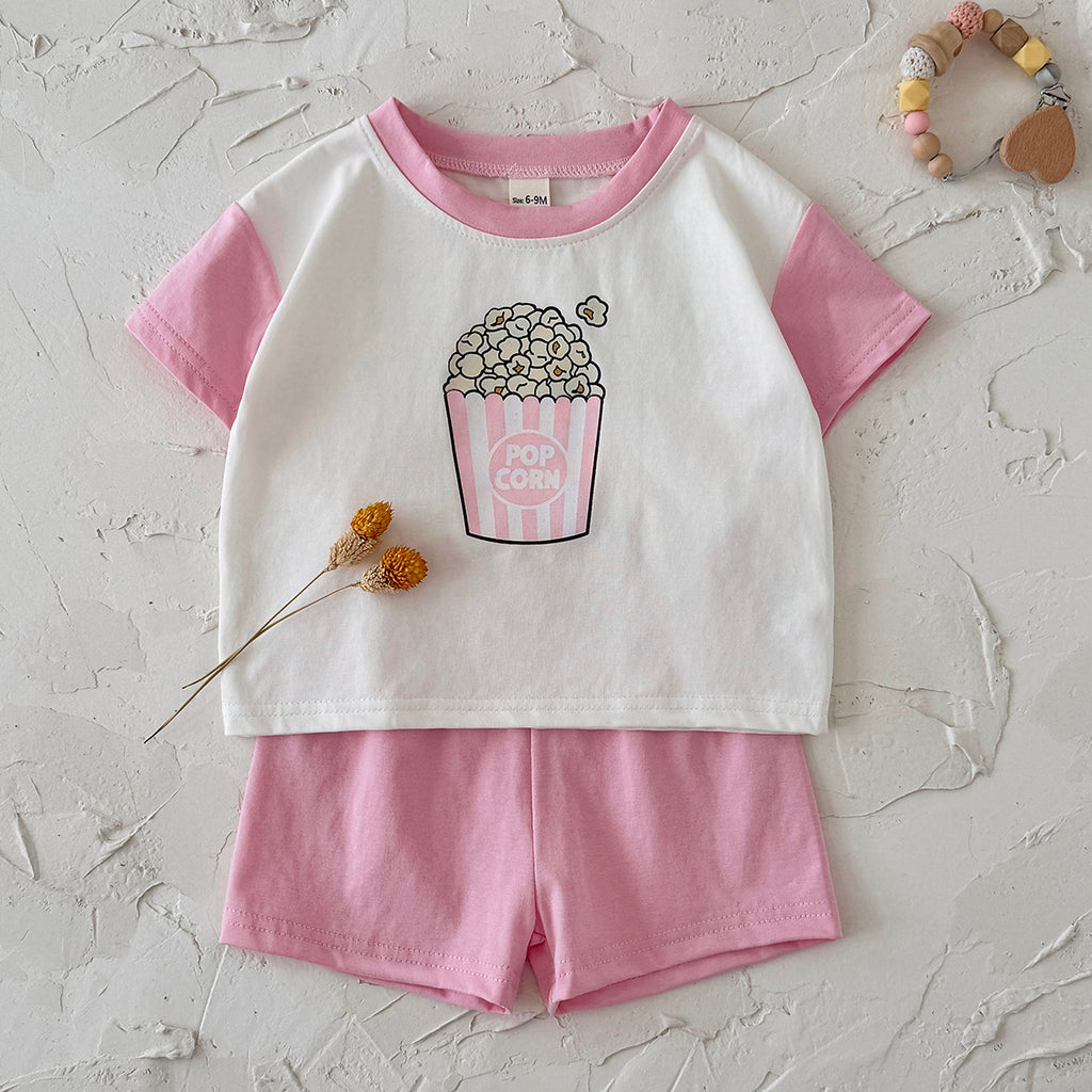 Baby Popcorn Print Raglan T-shirt & Pink Shorts Set