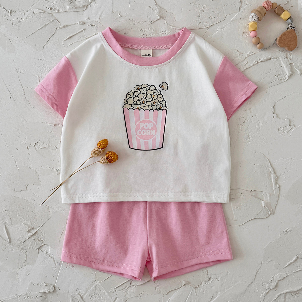 Baby Popcorn Print Raglan T-shirt & Pink Shorts Set